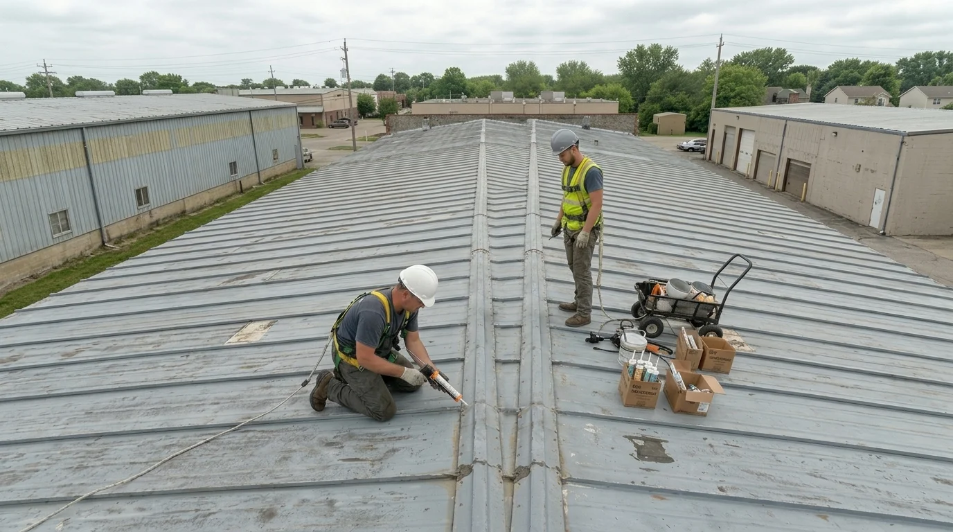 Roofers repairing a commercial metal roof with sealant