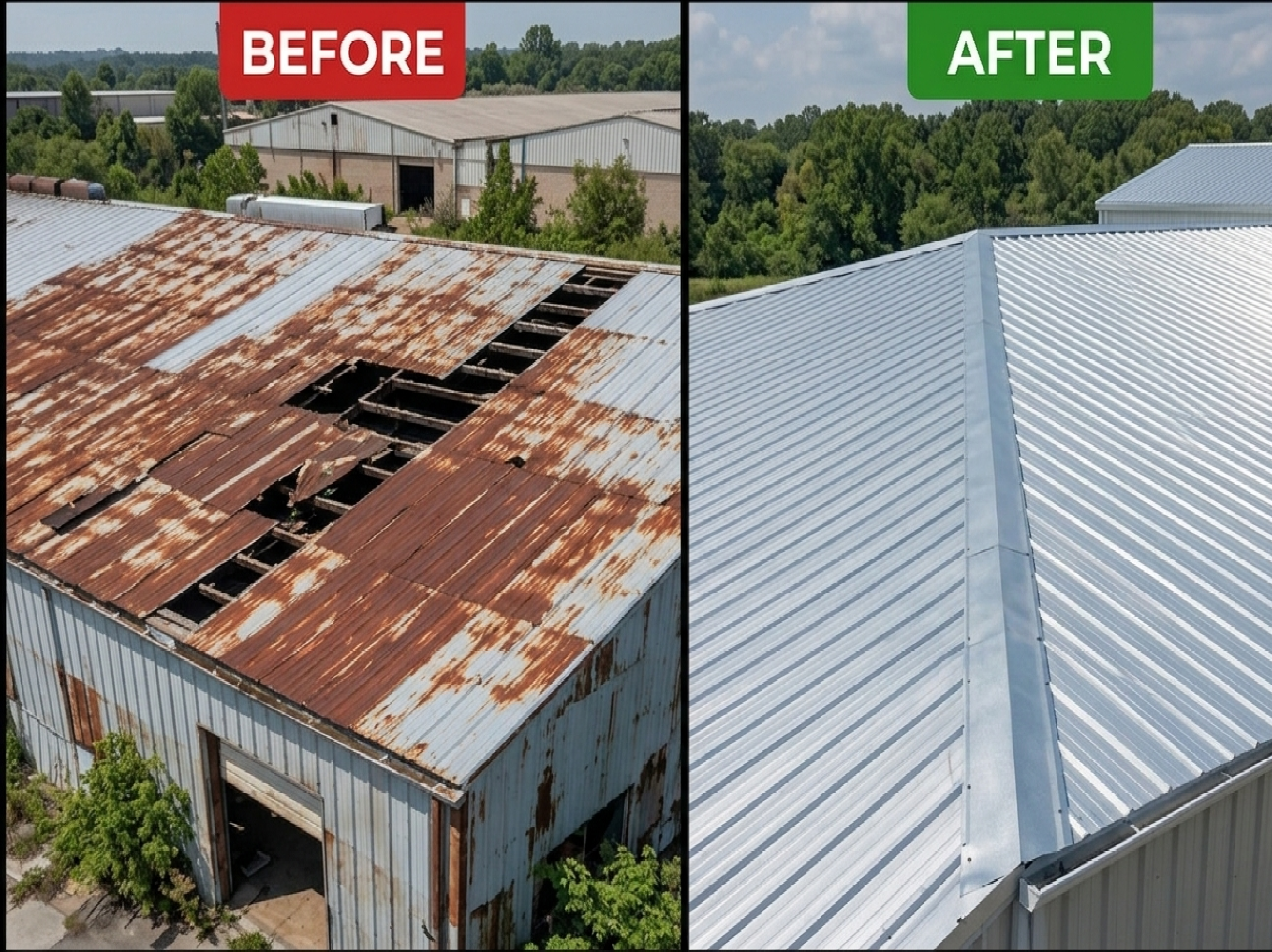 Before and after comparison of a commercial metal roof replacement