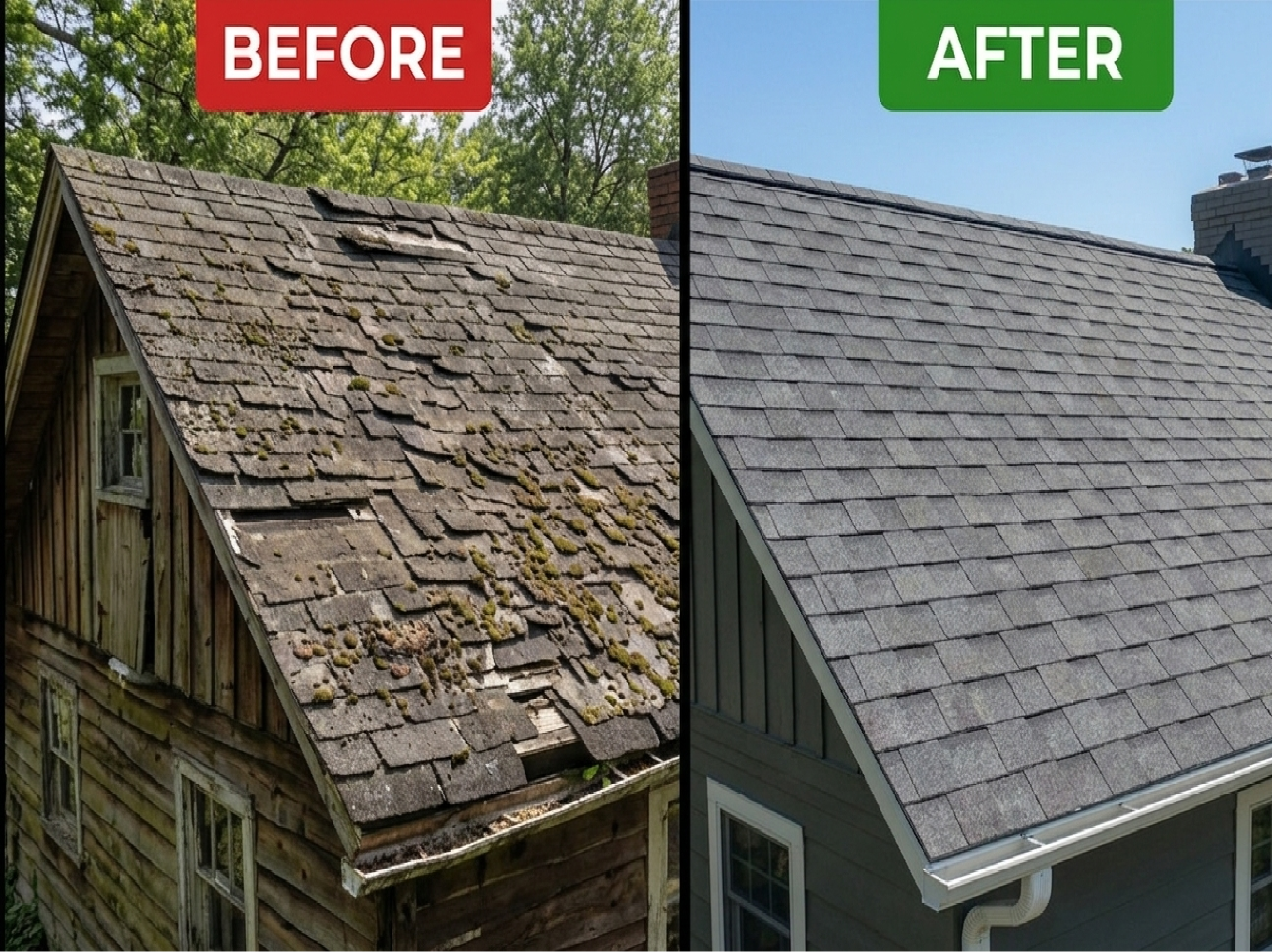 Before and after comparison of a damaged and newly replaced residential shingle roof