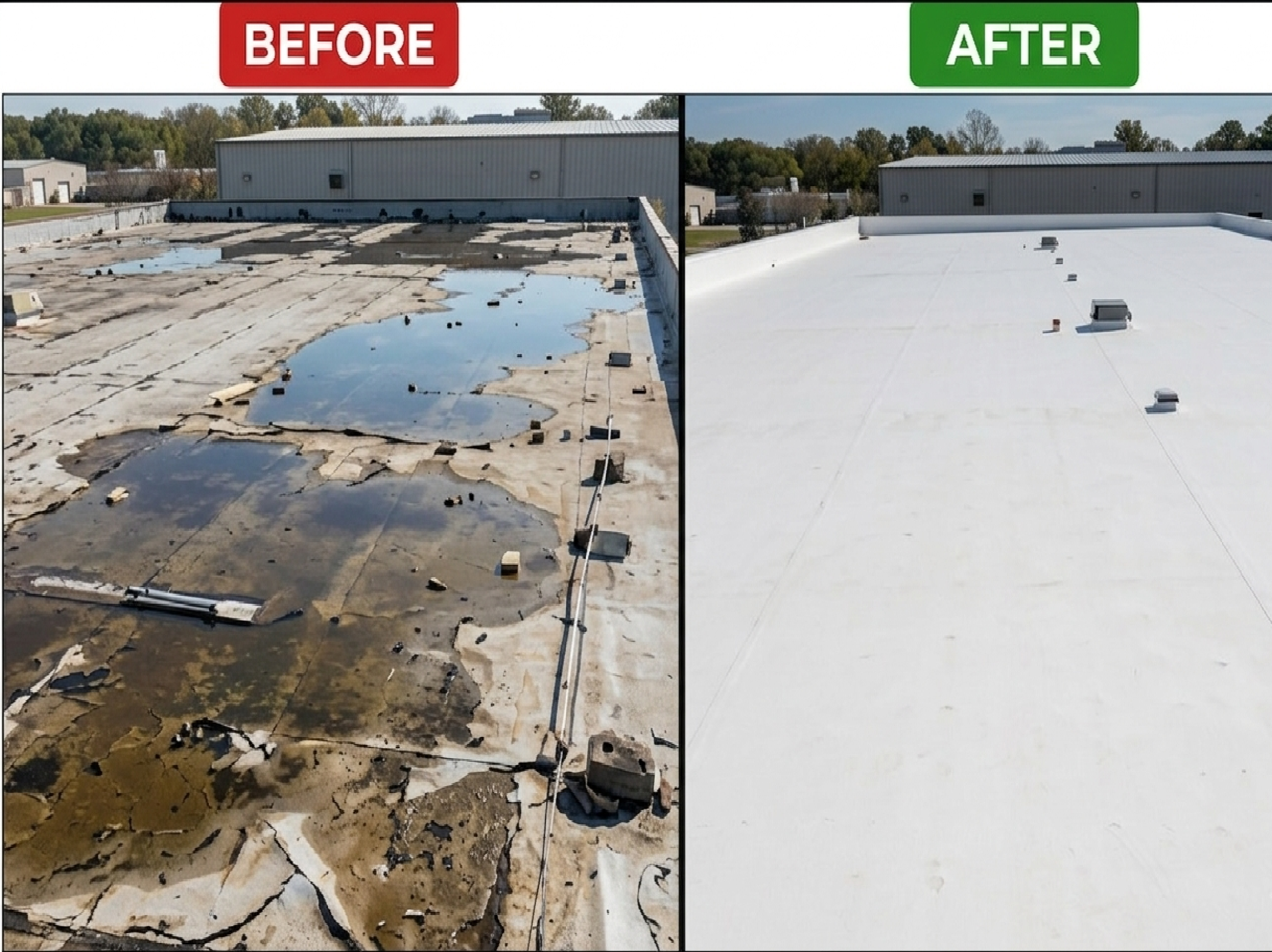 Before and after comparison of a damaged and newly restored commercial flat roof