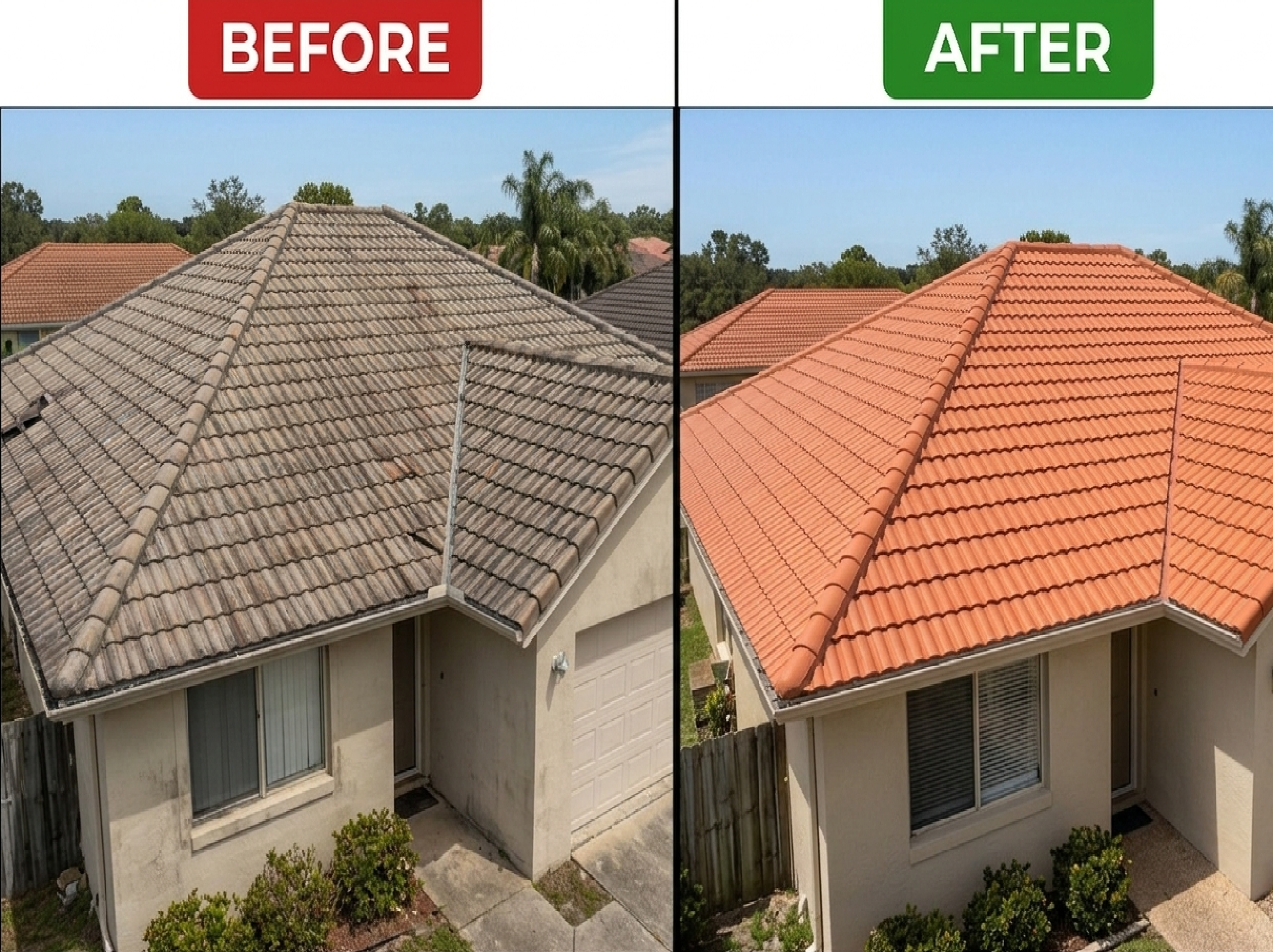 Before and after comparison of a residential tile roof replacement
