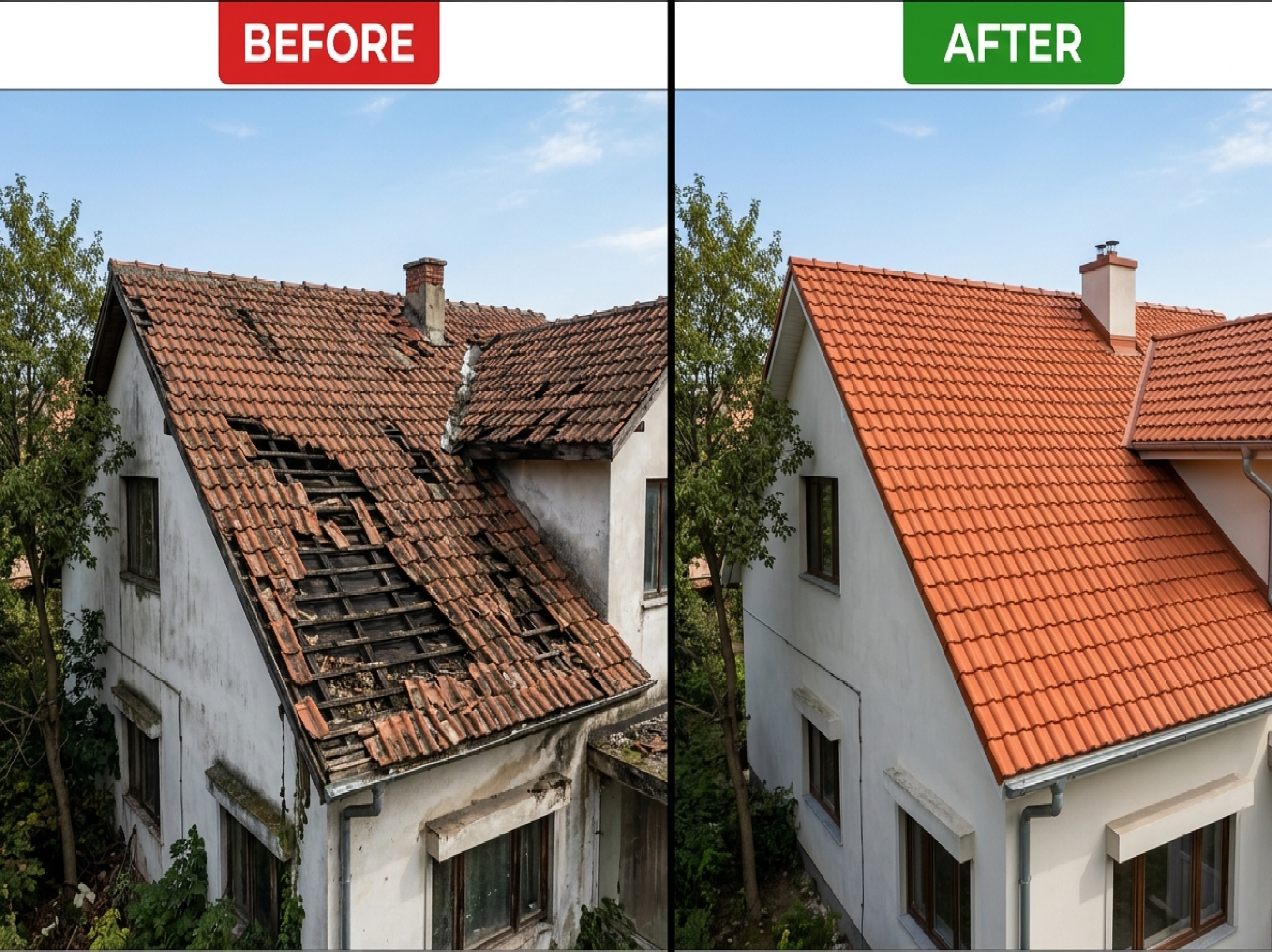 Before and after comparison of a damaged and newly replaced residential tile roof