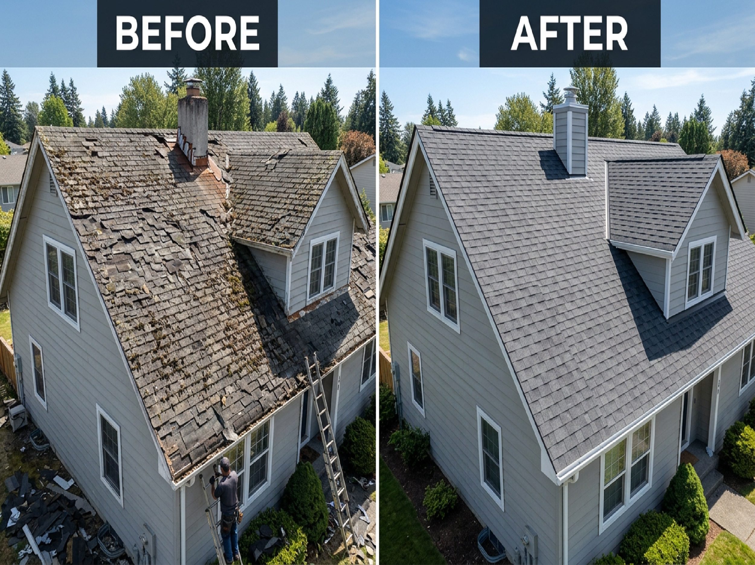 Before and after comparison of a worn and newly replaced residential shingle roof