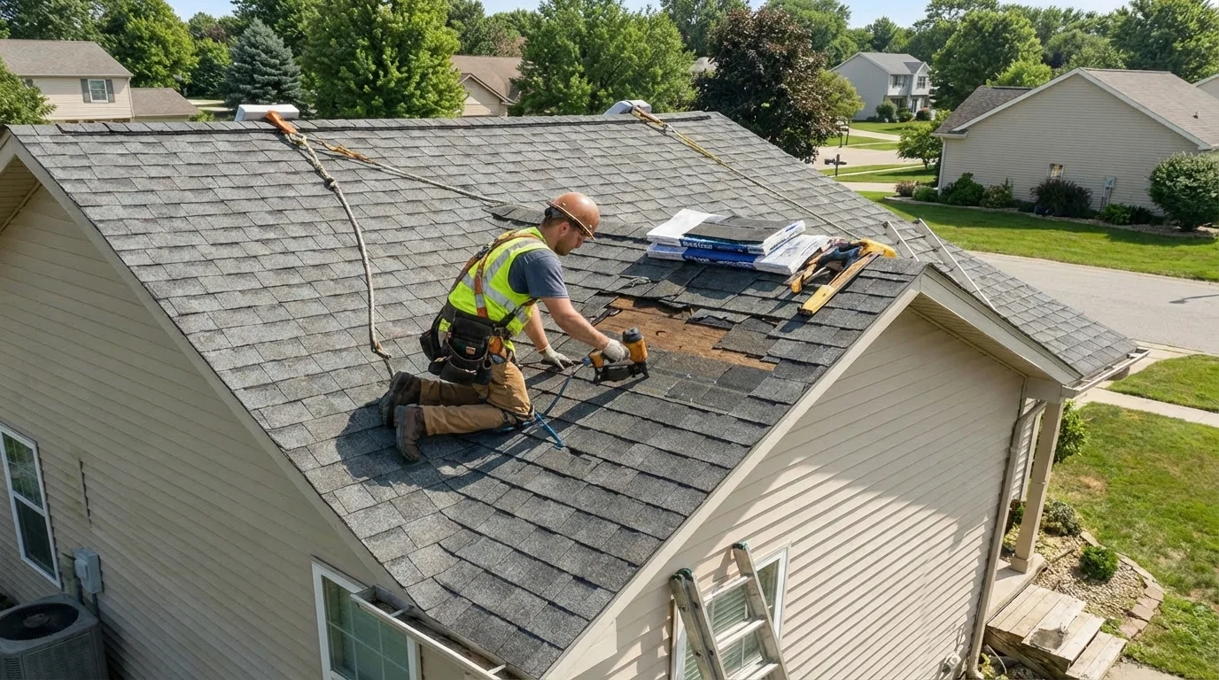Roofer installing shingles on a residential roof