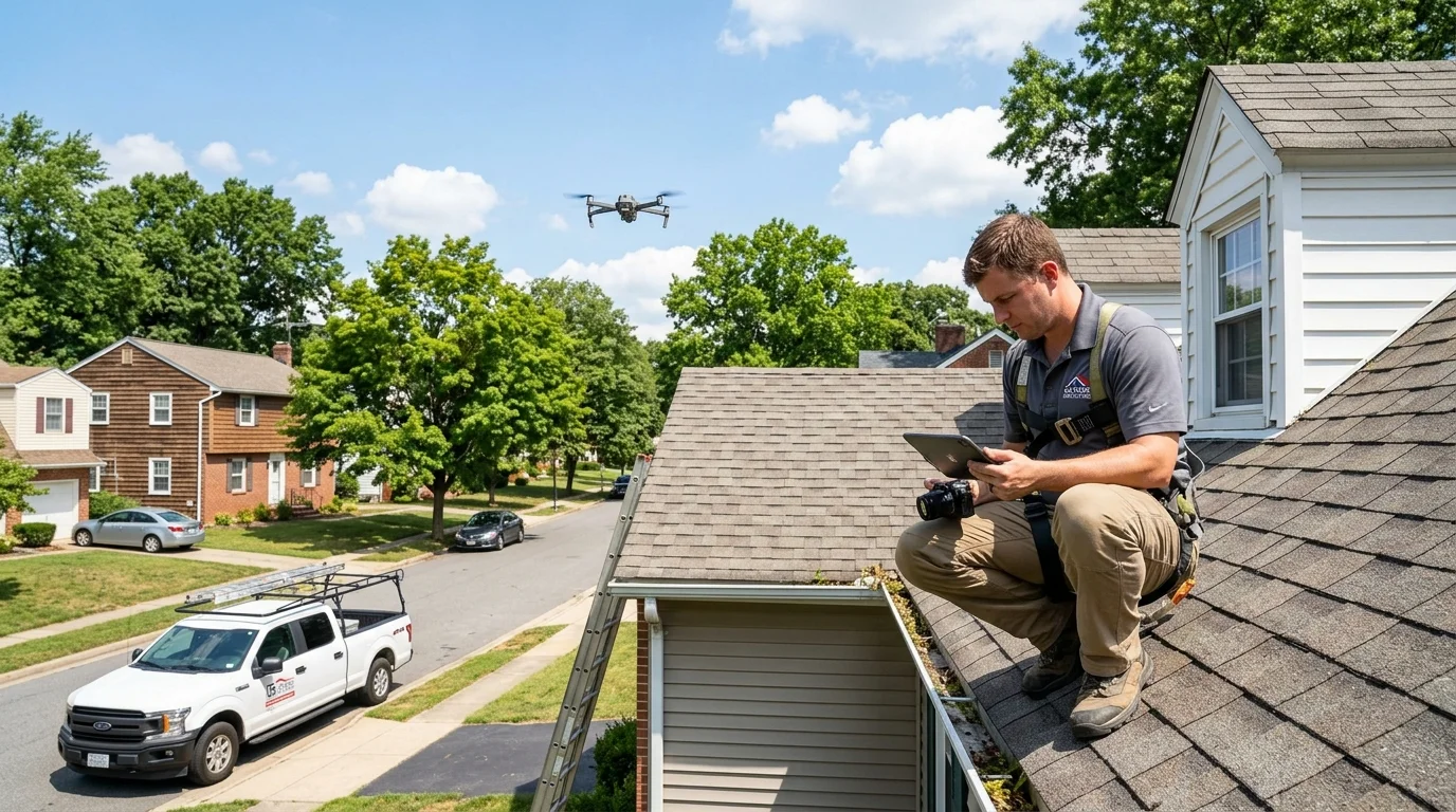 Roof inspector using drone and tablet to inspect a residential roof