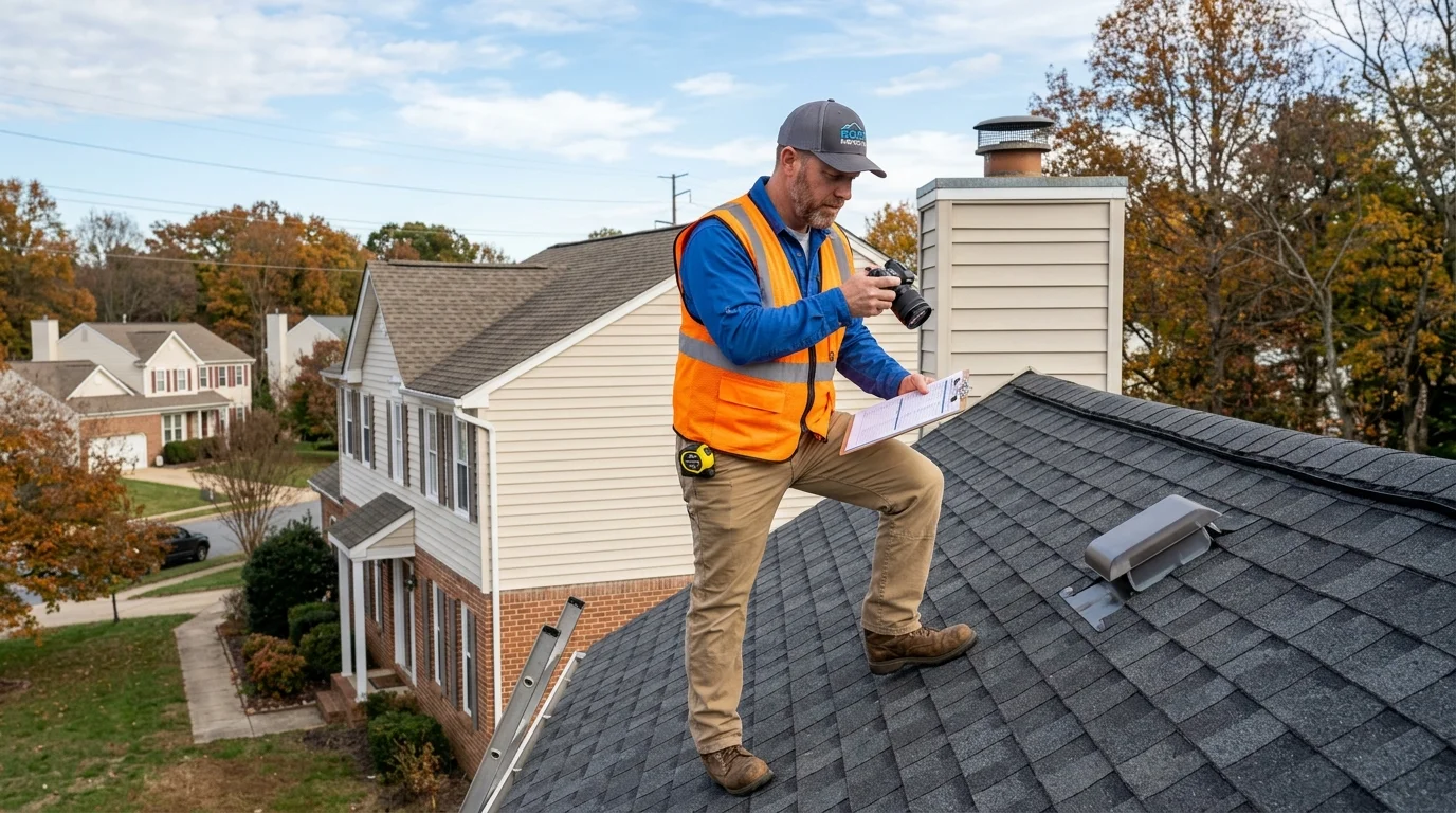 Roof inspector with camera and checklist inspecting shingles on a home