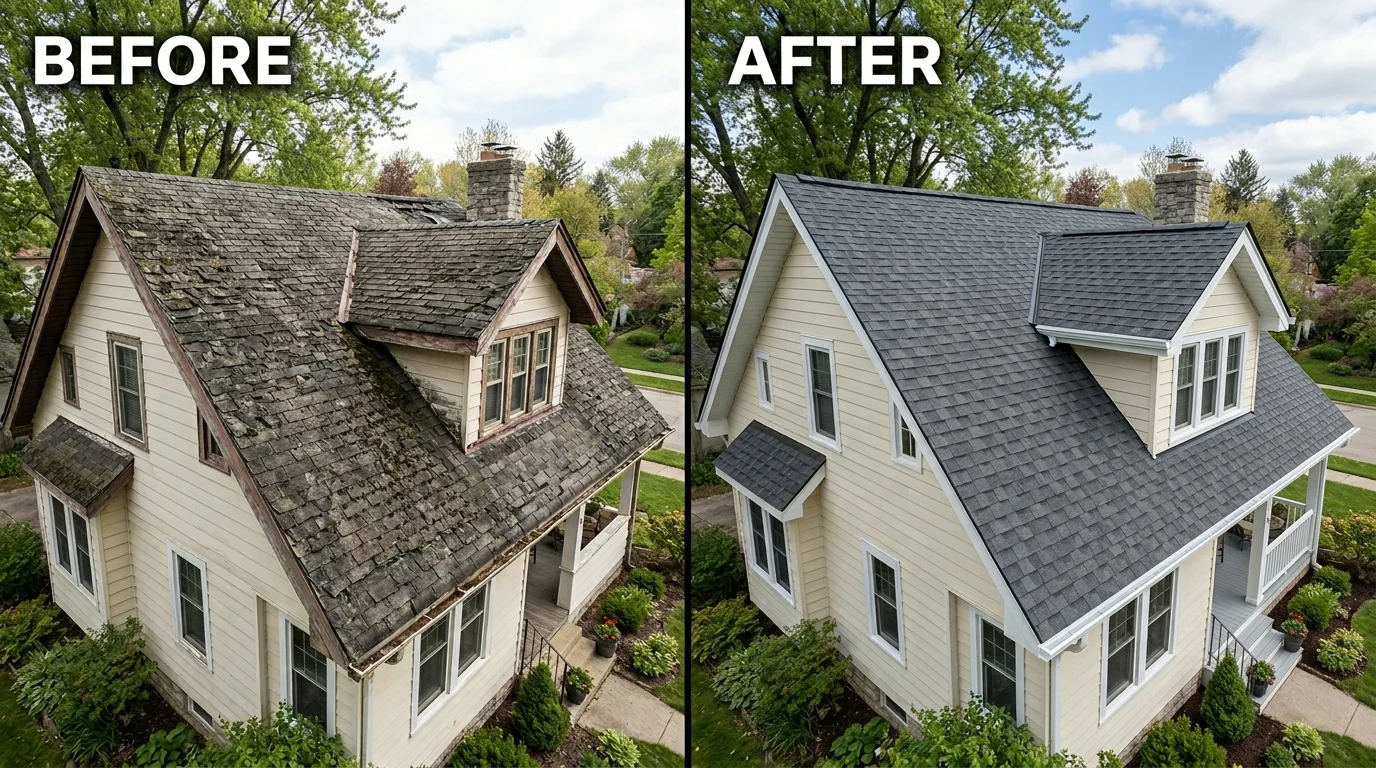 Before and after roof replacement worn slate shingles vs. new gray shingles