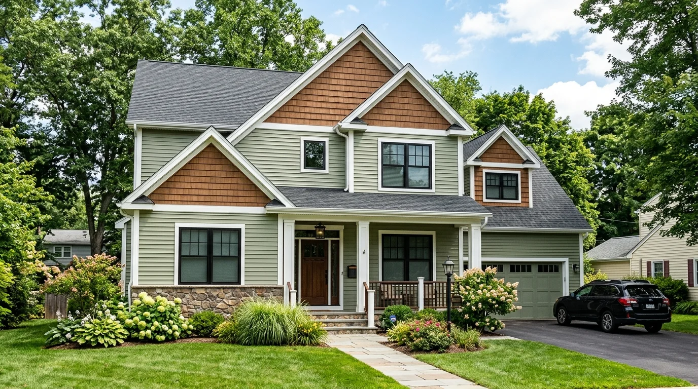 Two-story home with green vinyl siding and cedar shake gable accents