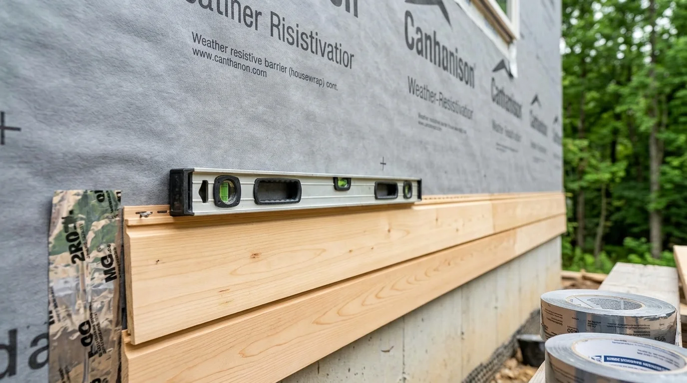 Close-up of level checking wood siding board over house wrap during installation
