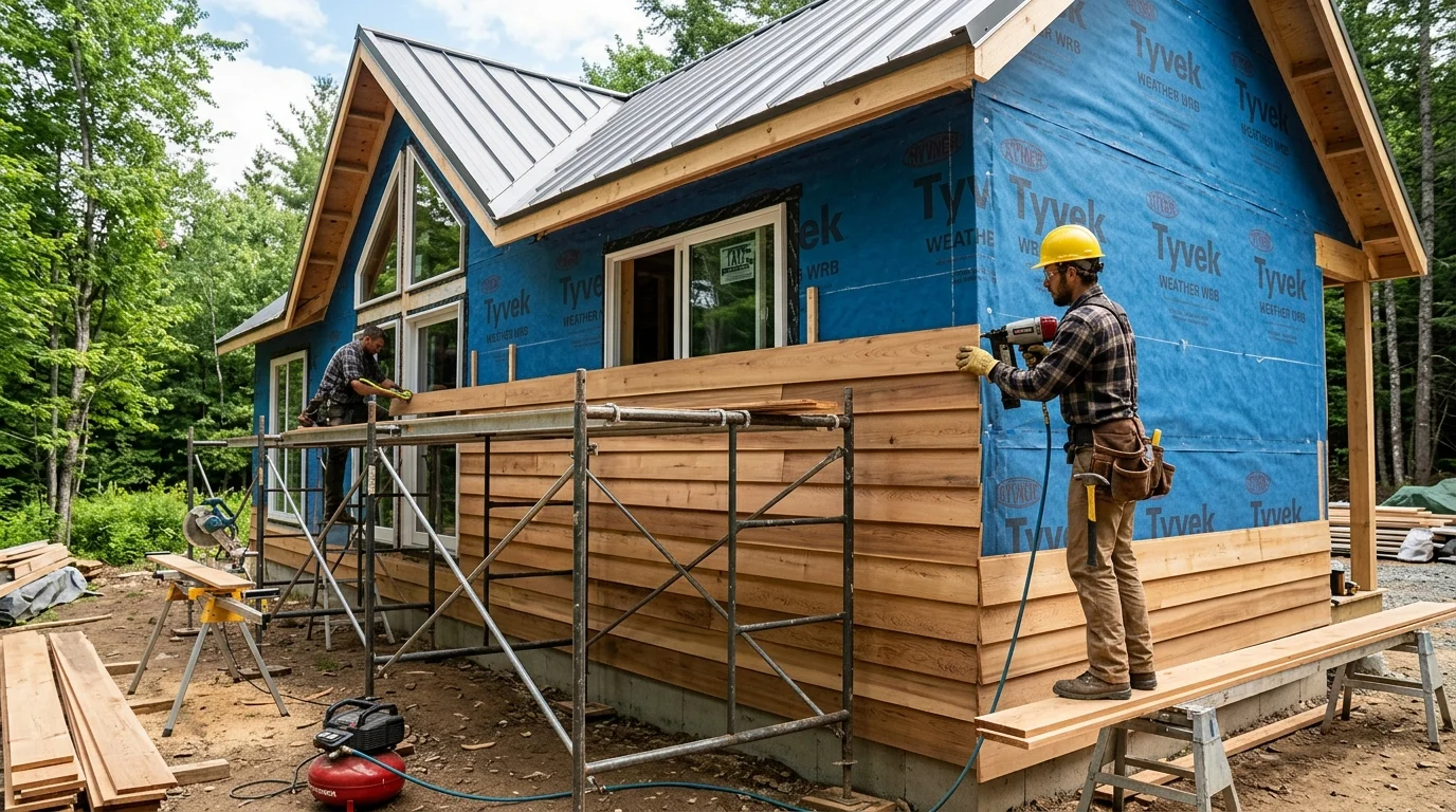 Contractors installing natural wood siding over house wrap on new construction cabin