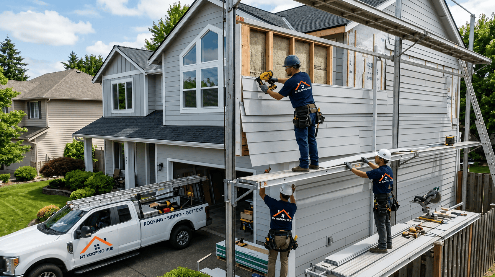 Siding contractors installing gray vinyl siding on two-story home, with branded work truck