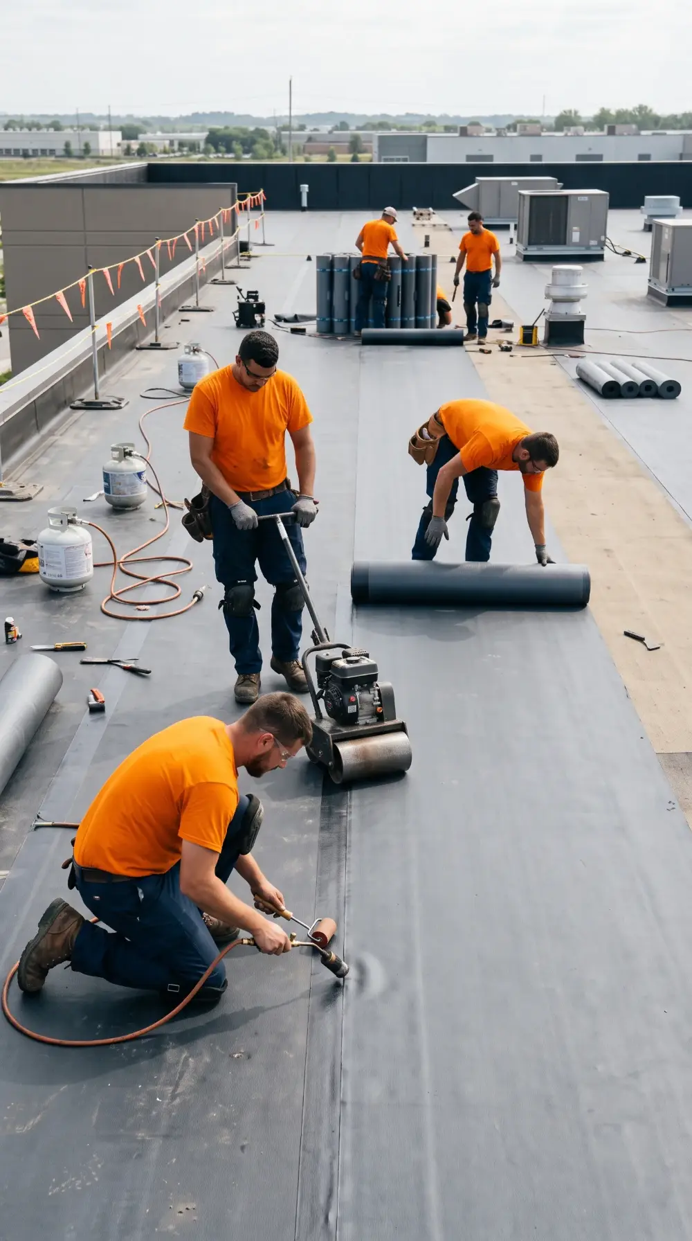 Roofers rolling out a membrane on a flat roof in Queens NY