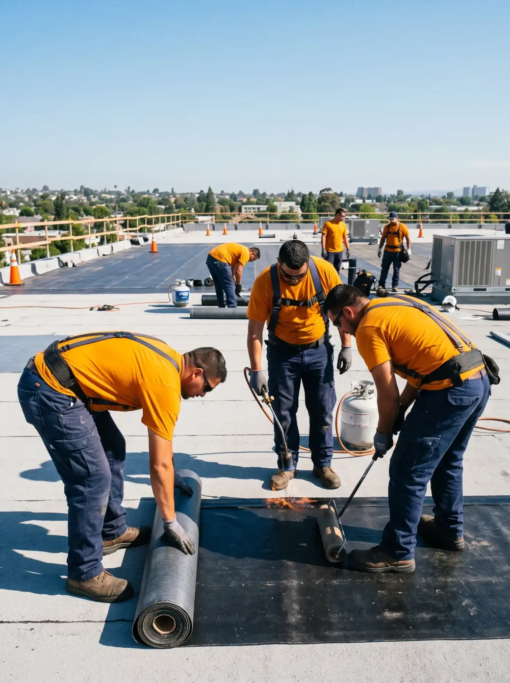 Flat roofing crew working on a building roof in Queens NY